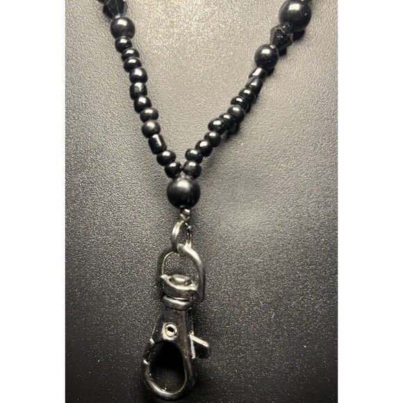 Beaded Lanyard ID Badge Holder Necklace Black Crystal-Like BeadsApprox 32" - Picture 2 of 4